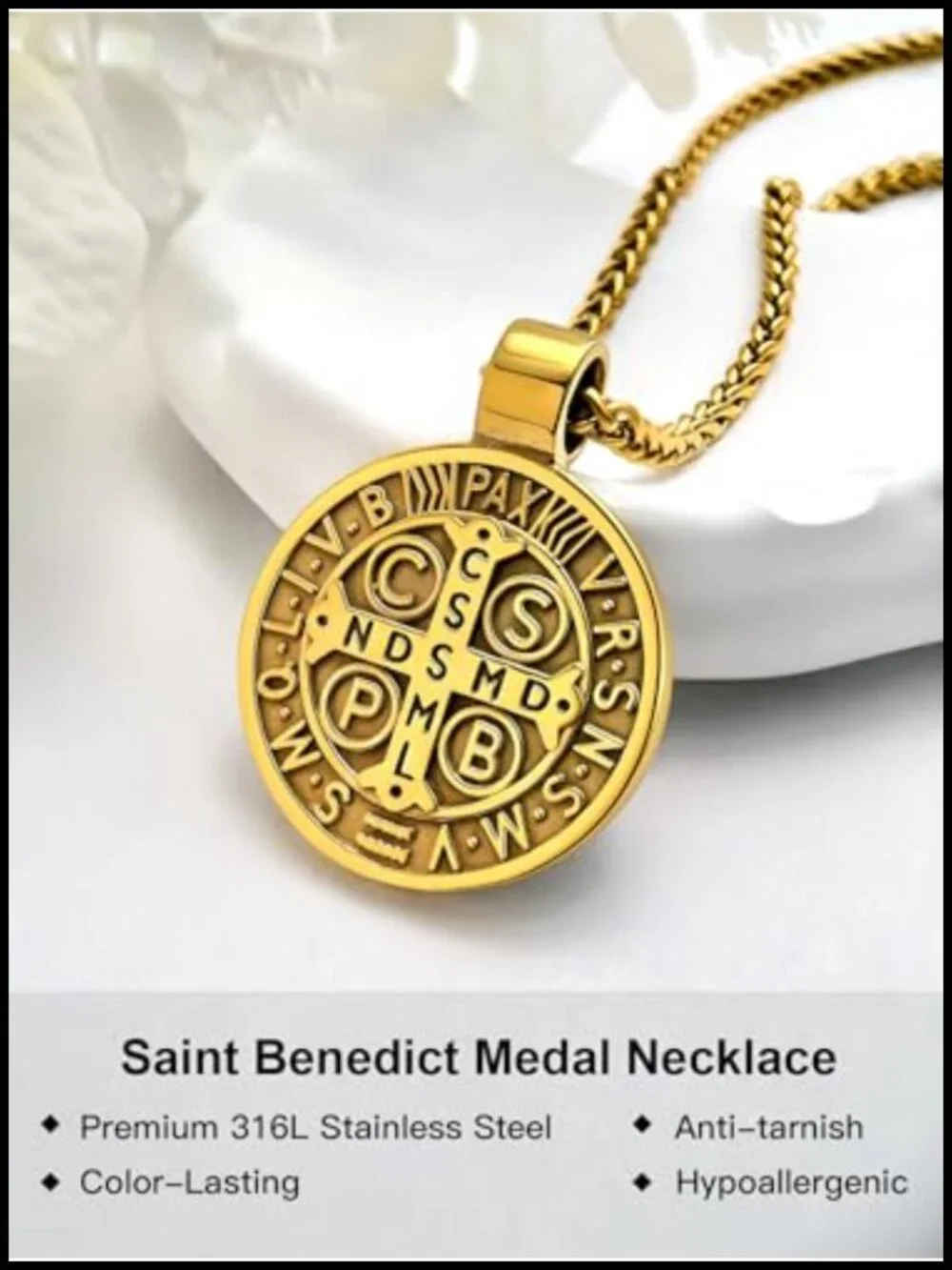 St. Benedict Medal Necklace, Stainless Steel Catholic Pendant for Men Women